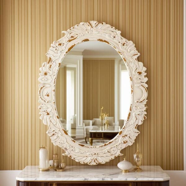 Elevatehome 26 in. W x 34 in. H Ornate Oval Baroque Antique White Finish Framed Art Deco Decorative Wall Mirror