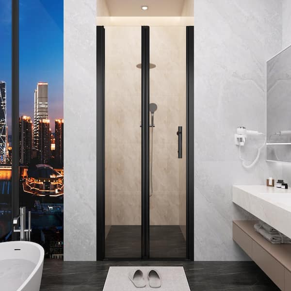 34 in. W x 72 in. H Double Foldable Semi-Frameless Shower Door in Matte Black Finish with Tempered Glass