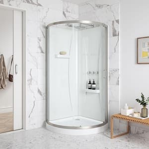 Breeze 40 in. L x 40 in. W x 77 in. H Corner Shower Kit with Clear Sliding Door in Satin Nickel, Shower Pan, and Walls