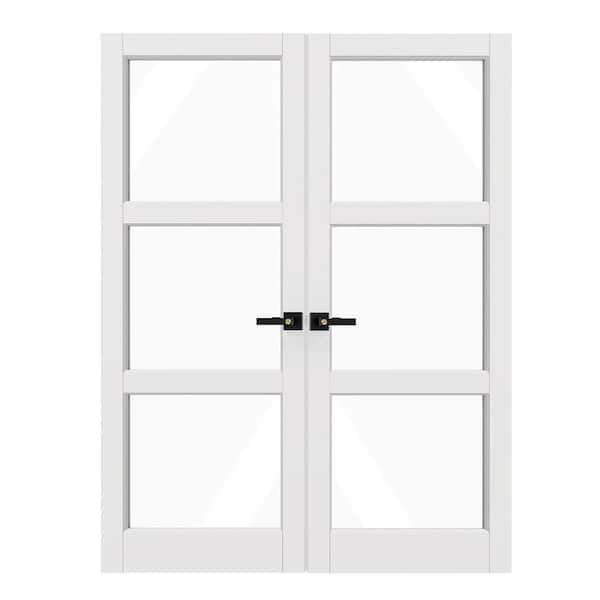 60 in. x 80 in. MDF Composite, Primed, White, 3 Lite, Clear Glass Interior Door Slab With Black Lever Handle