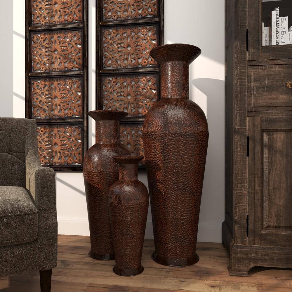 Tall Dark Brown Metal Floor Decorative Vase Set with Bubble Texture