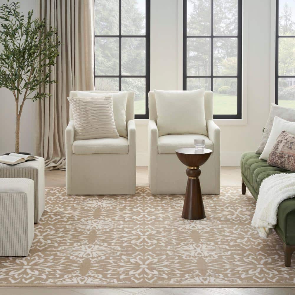 Taupe Floral Synthetic Rectangular 8' x 10' Area Rug