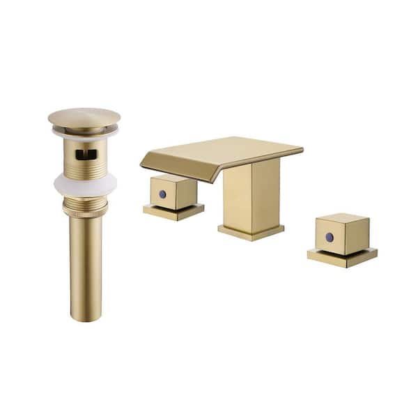 8 in. Solid Brass 2-Handle Waterfall Widespread Bathroom Sink Faucet Deck plate Included and Drain Kit in Brushed Gold