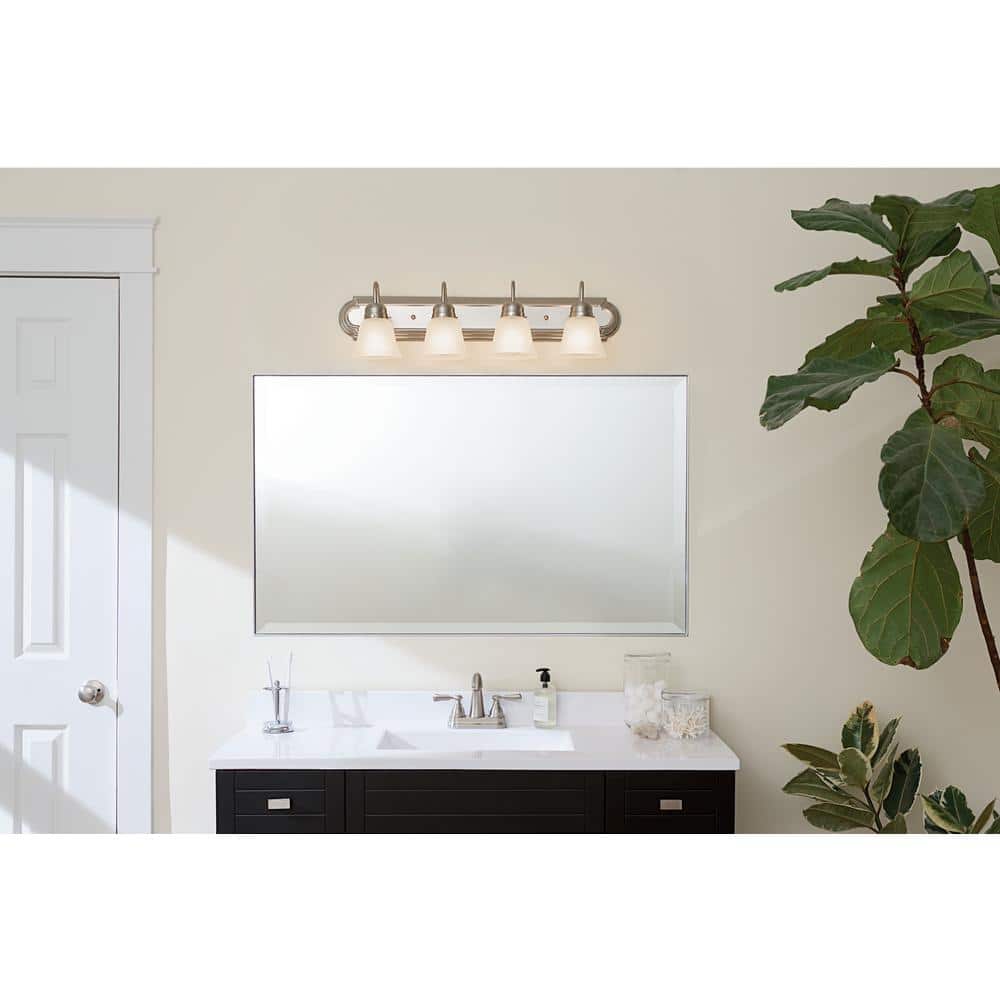 Brushed Nickel 30" 4-Light Vanity Light with White Bell Shades