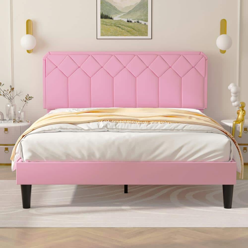 VECELO Bed Frame with Upholstered Headboard, Pink Metal Frame Queen  Platform Bed with Strong Frame and Wooden Slats Support KHD-CY-QB02-PNK -  The Home 