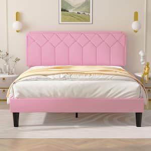 Bed Frame with Upholstered Headboard, Pink Metal Frame Queen Platform Bed with Strong Frame and Wooden Slats Support