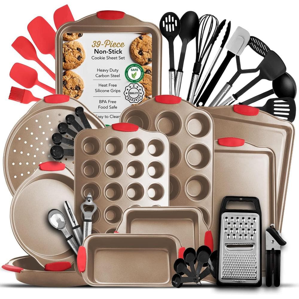 EATEX 39-Piece Nonstick Brown Steel Bakeware Set with Black Utensil and Silicone Handles -  JT-US24-BB