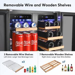 24 in. 20-Bottle Wine and 60-Can Beverage Cooler Built-In/Freestanding Dual Zone with Childproof Lock and 2-Keys