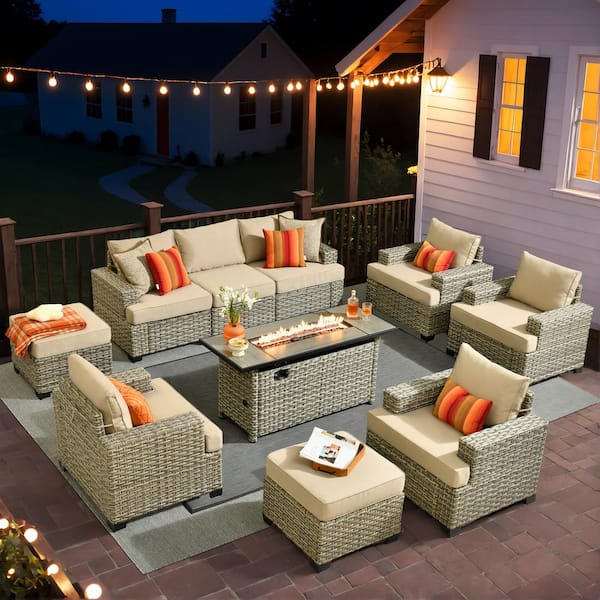 Taylor 10-Piece Wicker Patio Rectangular Fire Pit Set with Beige Cushions