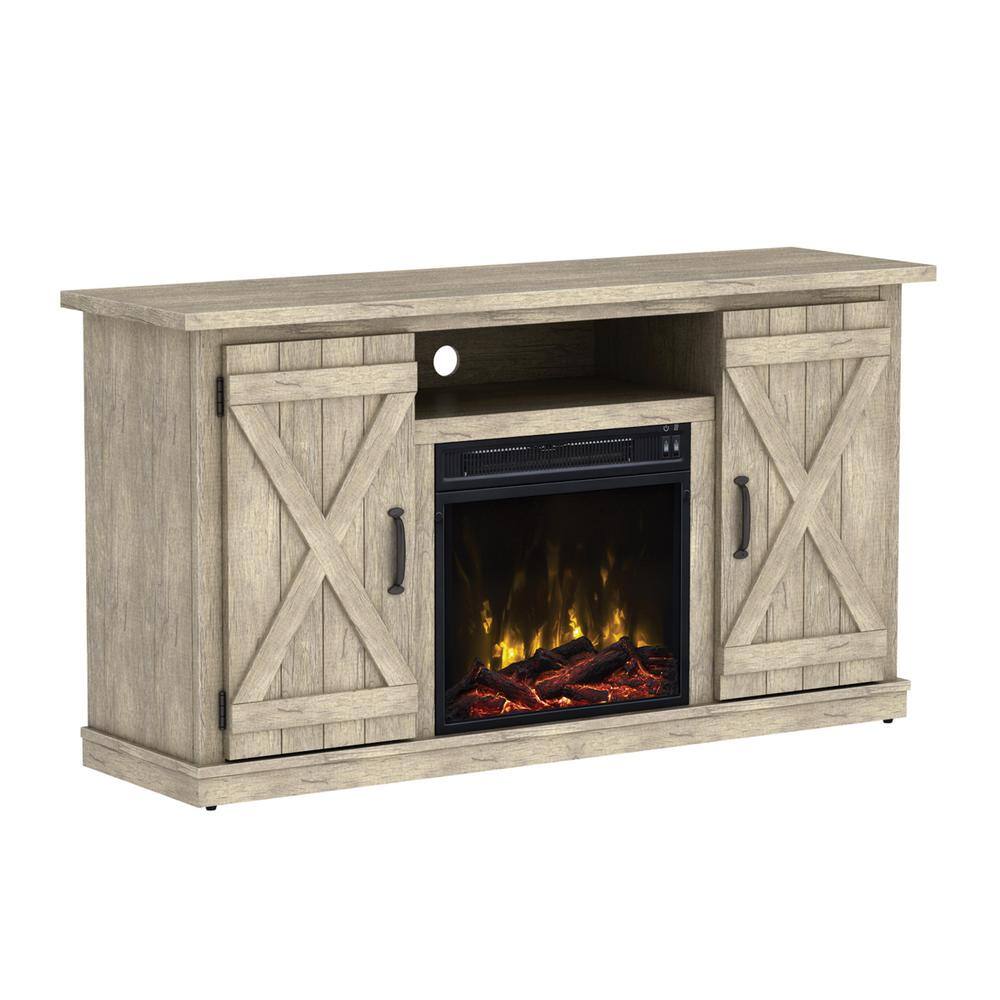 Ashland Pine TV Stand with Electric Fireplace and Cabinets