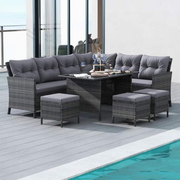 Kadehome 7-Piece Wicker Outdoor Dining Set with Gray Cushions and Ottomans