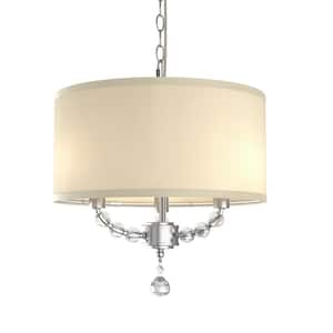 3-Light Modern Cottage Drum Organza Fabric Lampshade Pendant with Wide Clear Crystal Beads Sheer Ceiling Light Fixture