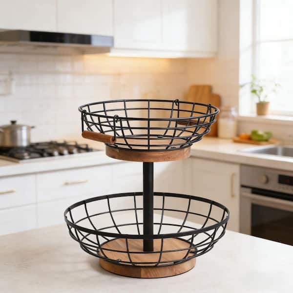 1-Piece 2-Tier Metal Fruit Basket Bowl with Wooden Base and Banana Hanger Kitchen Counter Organizer for Fruit Storage