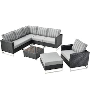 Mille Lacs Black 8-Piece NO ASSEMBLY Wicker Patio Conversation Sectional Sofa Set with Striped Dark Gray Cushions