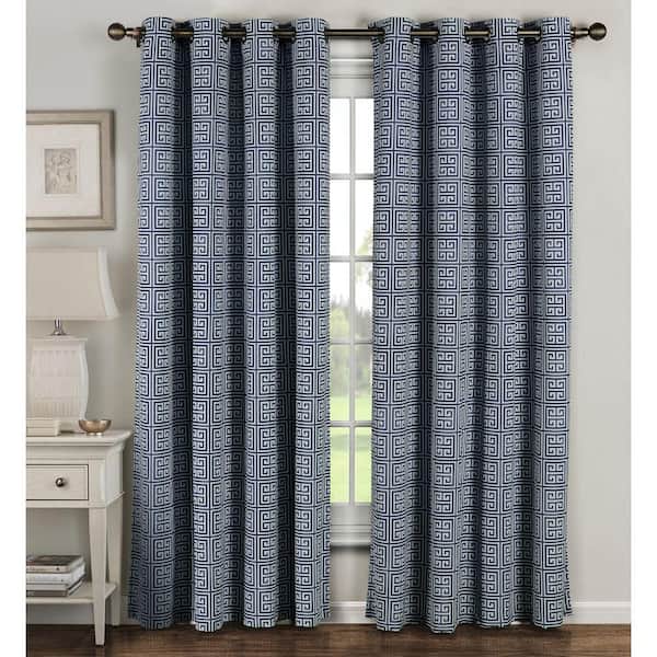 Window Elements Semi-Opaque Greek Key Cotton Blend Extra Wide 84 in. L Grommet Curtain Panel Pair, Navy (Set of 2)