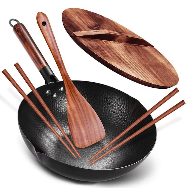 5-Piece Authentic Chinese Wok and Stir-Fry Pans Set with Wooden Lid, 13 in. Chinese Woks Pan for All Stoves