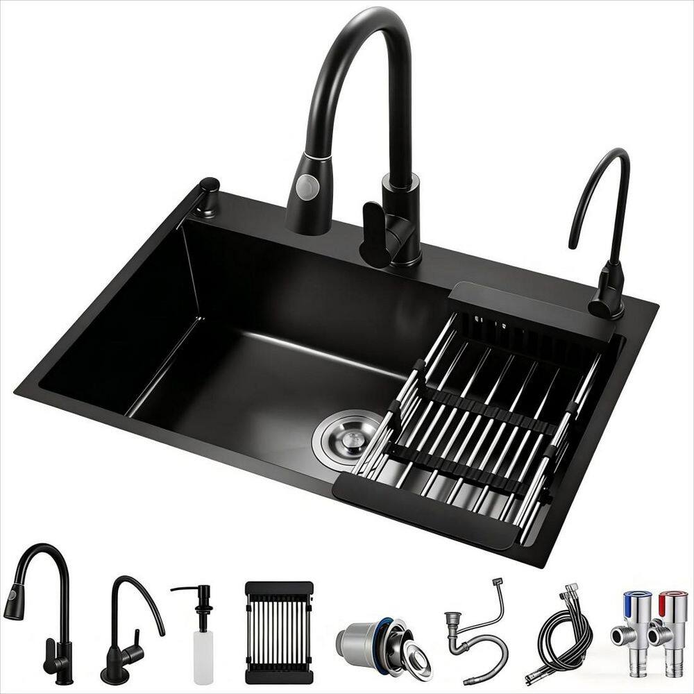 23.6 in. Drop In/Topmount Single Bowl Gunmetal Black Stainless Steel Kitchen Sink with Faucet and Bottom Grids