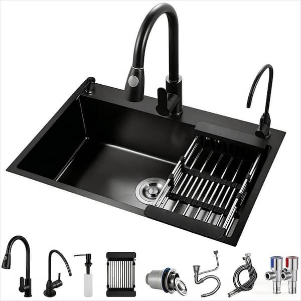 23.6 in. Drop In/Topmount Single Bowl Gunmetal Black Stainless Steel Kitchen Sink with Faucet and Bottom Grids