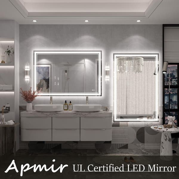 48in.Wx32in.H Rectangular Frameless UL Certified Front and Back LED Anti-Fog Tempered Glass Wall Bathroom Vanity Mirror