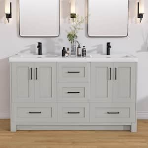 60 in. W x 22 in. D x 35 in. H Freestanding Double Sink Bath Vanity Cabinet in Light Gray with White Solid Surface Top