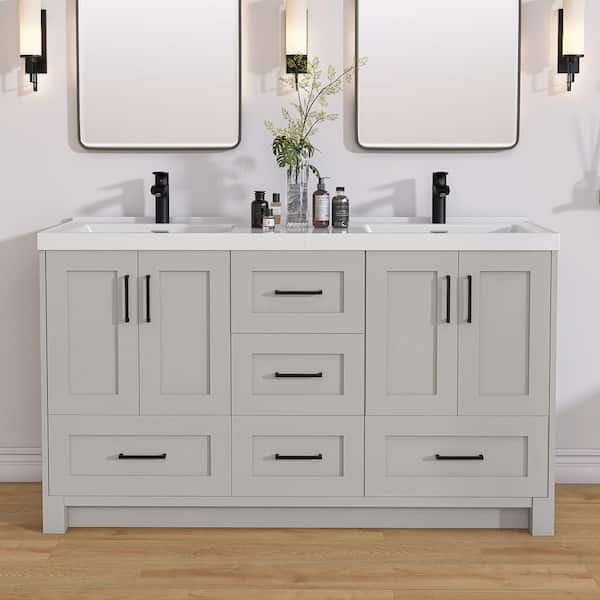 Getpro 60 in. W x 22 in. D x 35 in. H Freestanding Double Sink Bath Vanity Cabinet in Light Gray with White Solid Surface Top