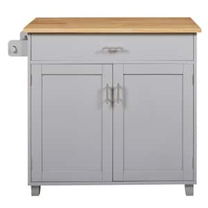 Grey Rubber Wood MDF Kitchen Cart with Drop-Leaf Countertop and Cabinet Door Internal Storage Racks