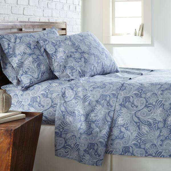 Southshore Fine Linens Perfect Paisley 4-Piece White Paisley on Blue Microfiber Full Deep Pocket Sheet Set