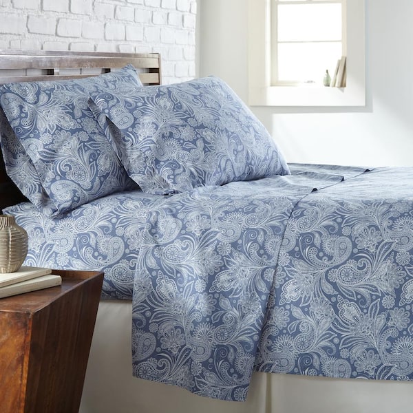 Southshore Fine Linens Perfect Paisley 3-Piece White Paisley on Blue Microfiber Twin Deep Pocket Sheet Set