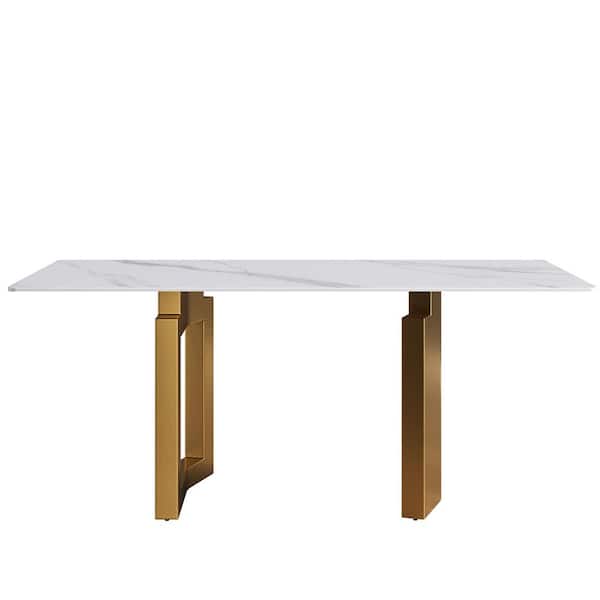 Magic Home 70.87 in. Rectangle White Sintered Stone Top Double Pedestal 2-Gold Metal Base Dining Table (Seats-6)