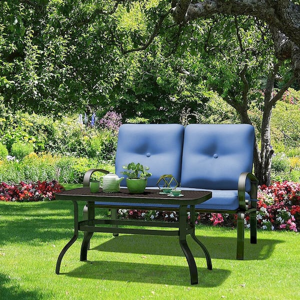 2-Pieces Fabric Outdoor Loveseat and Table Set Cushioned Patio Furniture Set Yard Garden