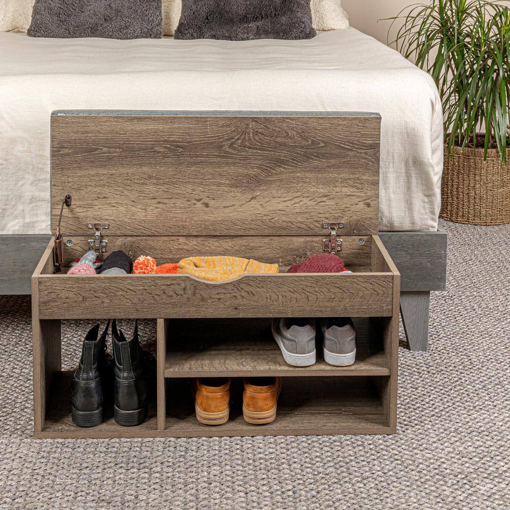 Ashwood Gray Linen Storage Bench with Lift-Top Lid and Cubbies