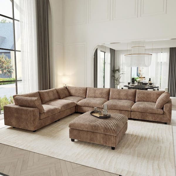 Modern 157 in. Square Arm Oversized Deep Seat Velvet 7-Piece L-Shaped Modular Sectional Sofa with Storage Ottoman, Brown