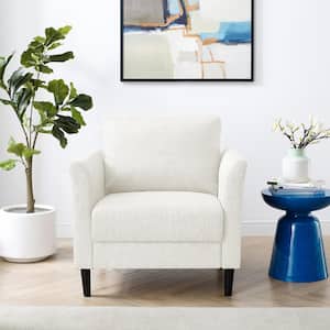 White Living Room Accent Chair, Mid Century Single Sofa Chair with Flared Arm, Comfy Linen Fabric Cushion, Wooden Leg