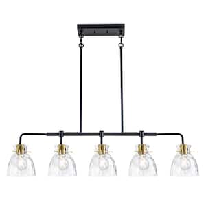 5-Light Modern Linear Pendant Light with Clear Ripple Glass Shades, Black Gold Kitchen Island Chandelier for Dining Room