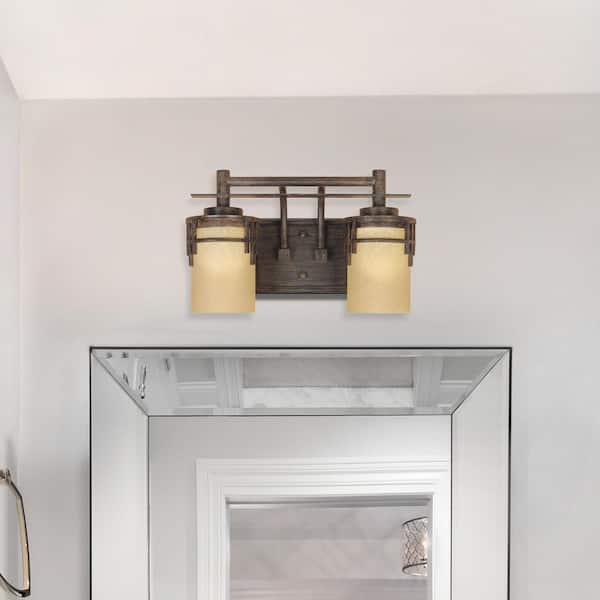 Mission Ridge 14.5 in. 2-Light Warm Mahogany Mission Wall Sconce with Goldenrod Glass Shades