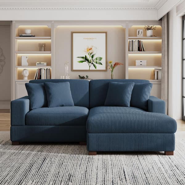 83.4 in. W Square Arm 2-Piece Corduroy Fabric L-Shaped Modern Sectional Sofa in Navy Blue with 4-Pillows