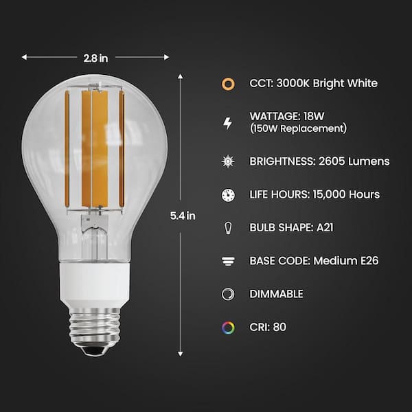 150-Watt Equivalent A21 Dimmable Clear Glass Filament E26 Medium Base LED Light Bulb, Bright White (3000K) (4-Pack)