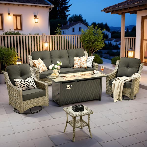 Cherry 5-Piece Wicker Outdoor Fire Pit Furniture Patio Conversation Sofa Set with Swivel Chairs and Black Cushions