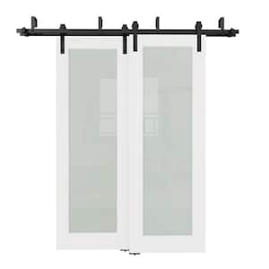 56 in. x 80 in. 2 Panel Bypass 1 Lite Frosted Glass White Primed Sliding Barn Door with Hardware Kit