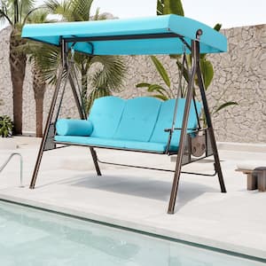 3-Person Steel Metal Patio Swing with Foldable Side Table,Canopy and Cushions, Turquoise Blue