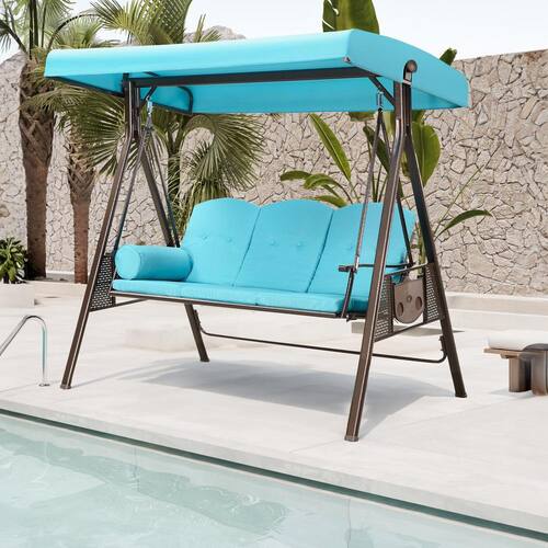 3-Person Steel Metal Patio Swing with Foldable Side Table,Canopy