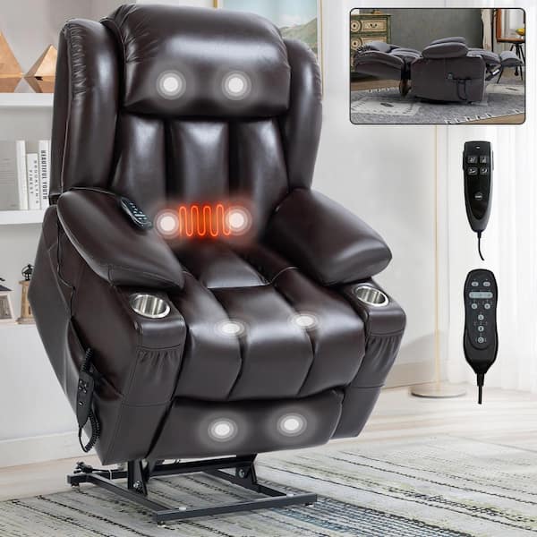 Dual Motor Leatheraire Power Lift Recliner Chair with Vibration Massage and Lumbar Heating, Cup Holders-Wine Red