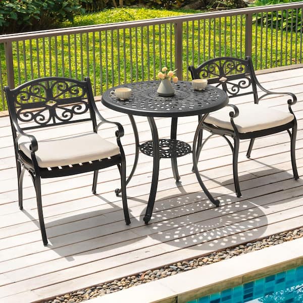 Nuu Garden Black with Gold-Painted Edges 3-Piece Cast Aluminum Round Outdoor Bistro Set with Beige Cushions and Umbrella Hole