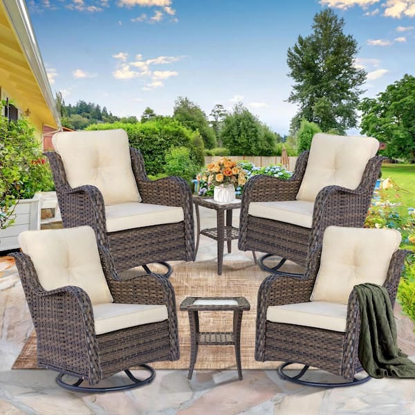 kuurfuurdo Brown 6 Piece Wicker Patio Conversation Set Swivel Rocking Chairs with Side Table and Beige Cushions