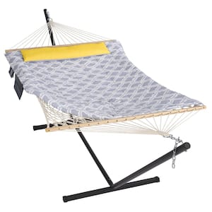 12 ft. Quilted Free Standing 2-Person Hammock with Stand and Detachable Pillow in Gray Drops