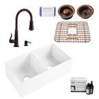 Brooks II All-in-One Farmhouse Fireclay 33 in 50/50 Double Bowl Kitchen Sink with Pfister Bronze Faucet and Drains