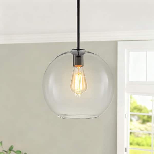 60-Watt 1 Light Matte Black Mid Century Modern Globe Mini Pendant Light Fixture with Clear Glass Shade, No Bulb Included