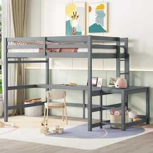 Gray Wood Frame Full Size Loft Bed with Built-in Desk, Storage Ladder Platform, Ladder