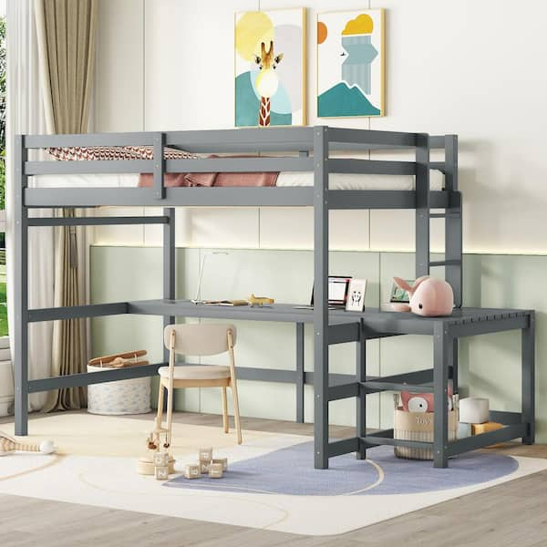 Harper & Bright Designs Gray Wood Frame Full Size Loft Bed with Built ...