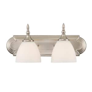 Herndon 18 in. W x 8 in. H 2-Light Satin Nickel Bathroom Vanity Light with Frosted Glass Shades